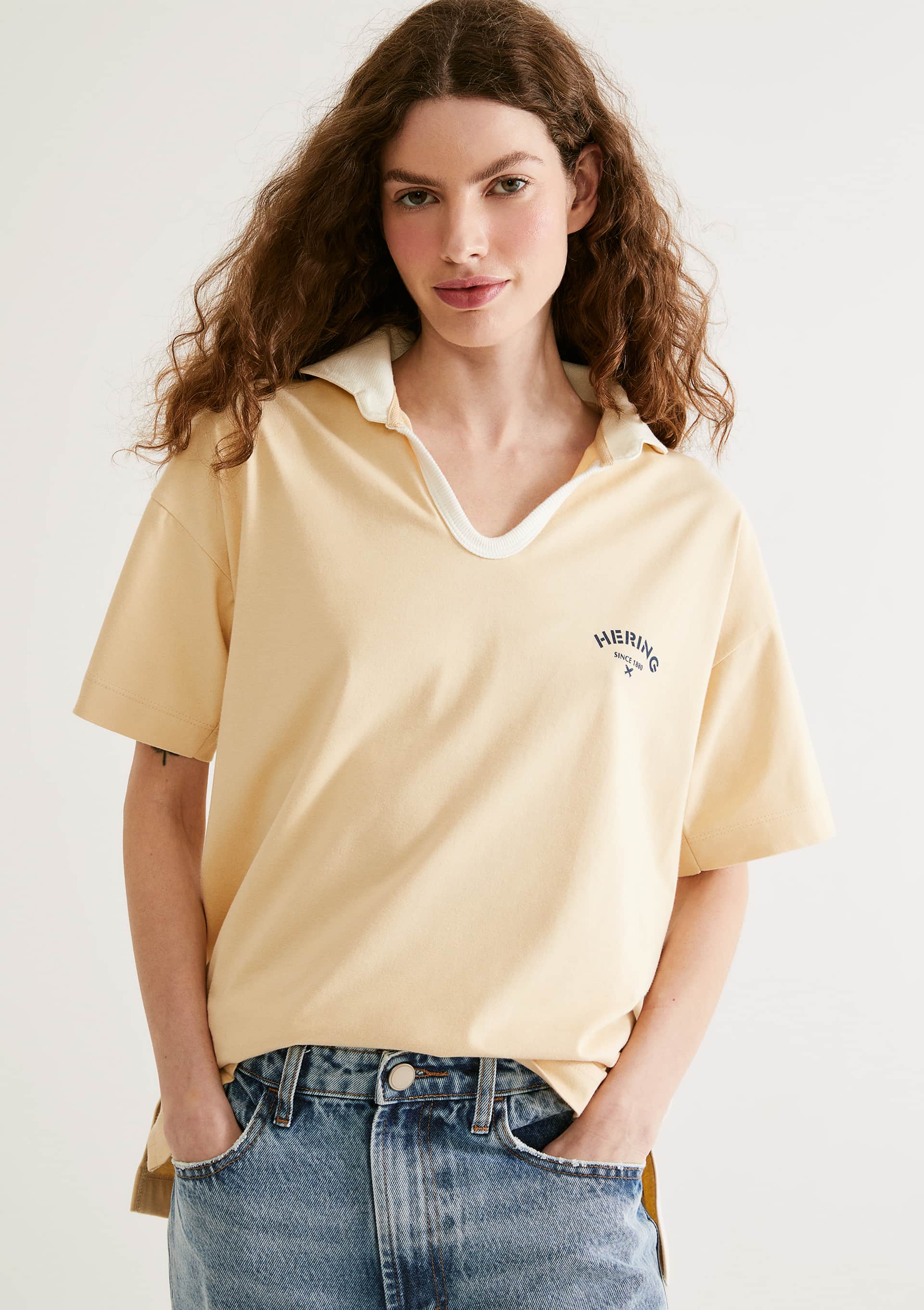 Camisa Polo Feminina Oversized Em Malha Binada - Amarelo