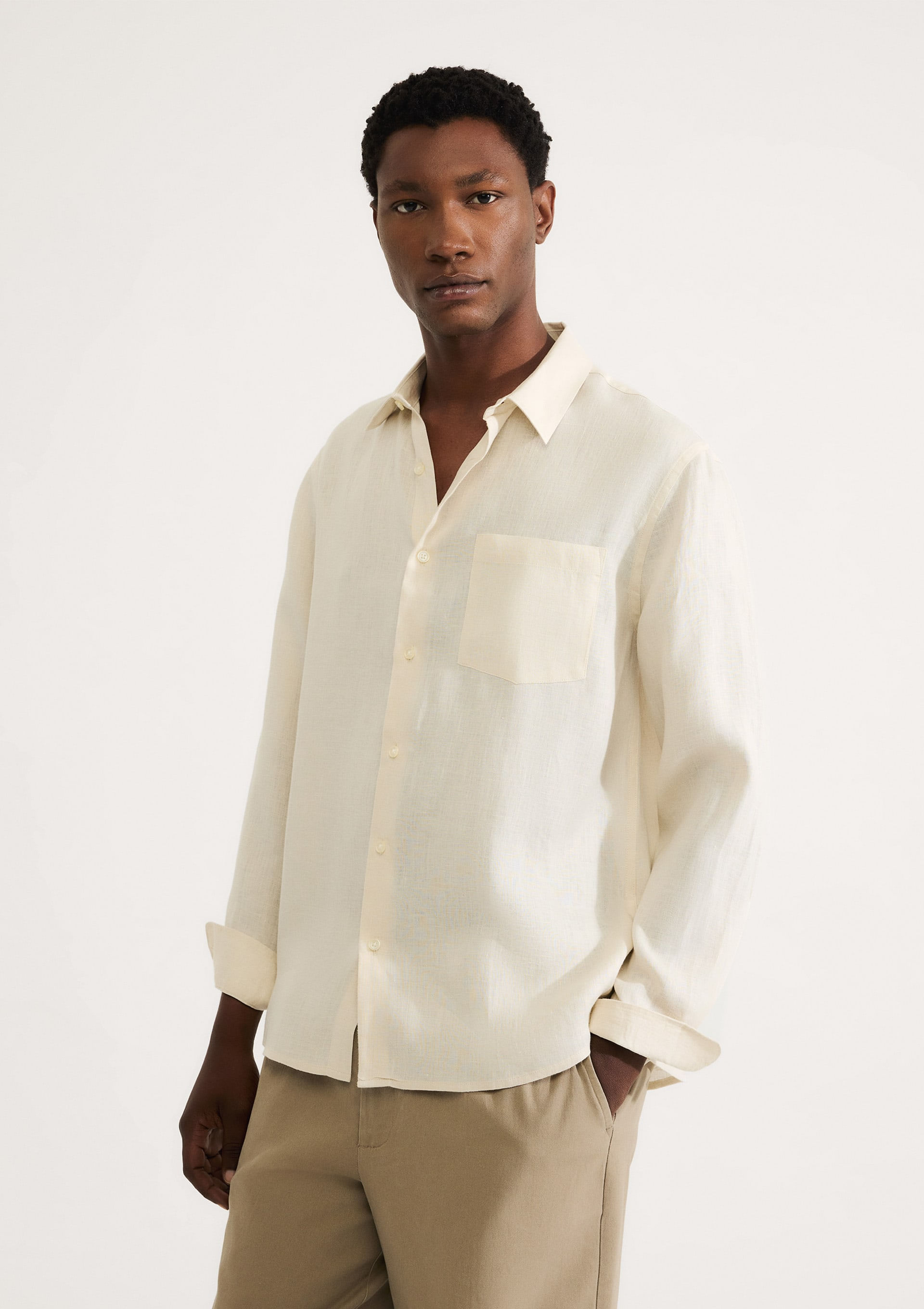 Camisa Masculina Manga Longa Em Linho - Bege