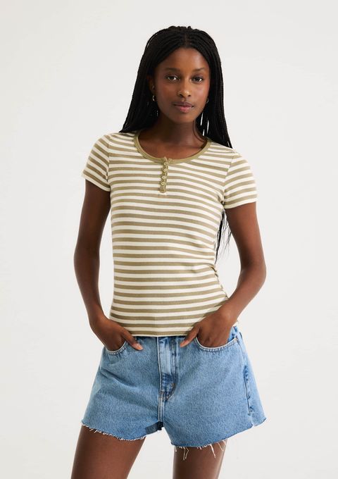 Blusa Feminina Listrada em Malha Binada com Botões - Verde — Hering