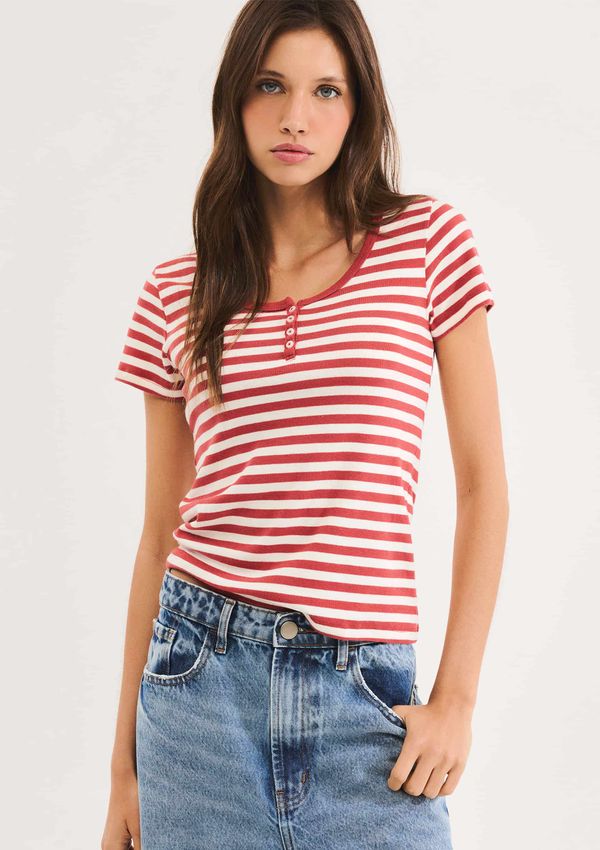 Blusa Feminina Listrada Em Malha Binada Com Botões - Vermelho XP