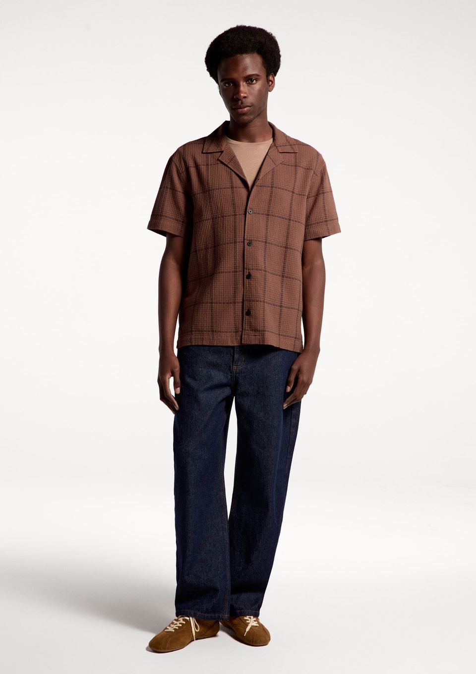 Camisa Masculina Manga Curta Texturizada - Marrom