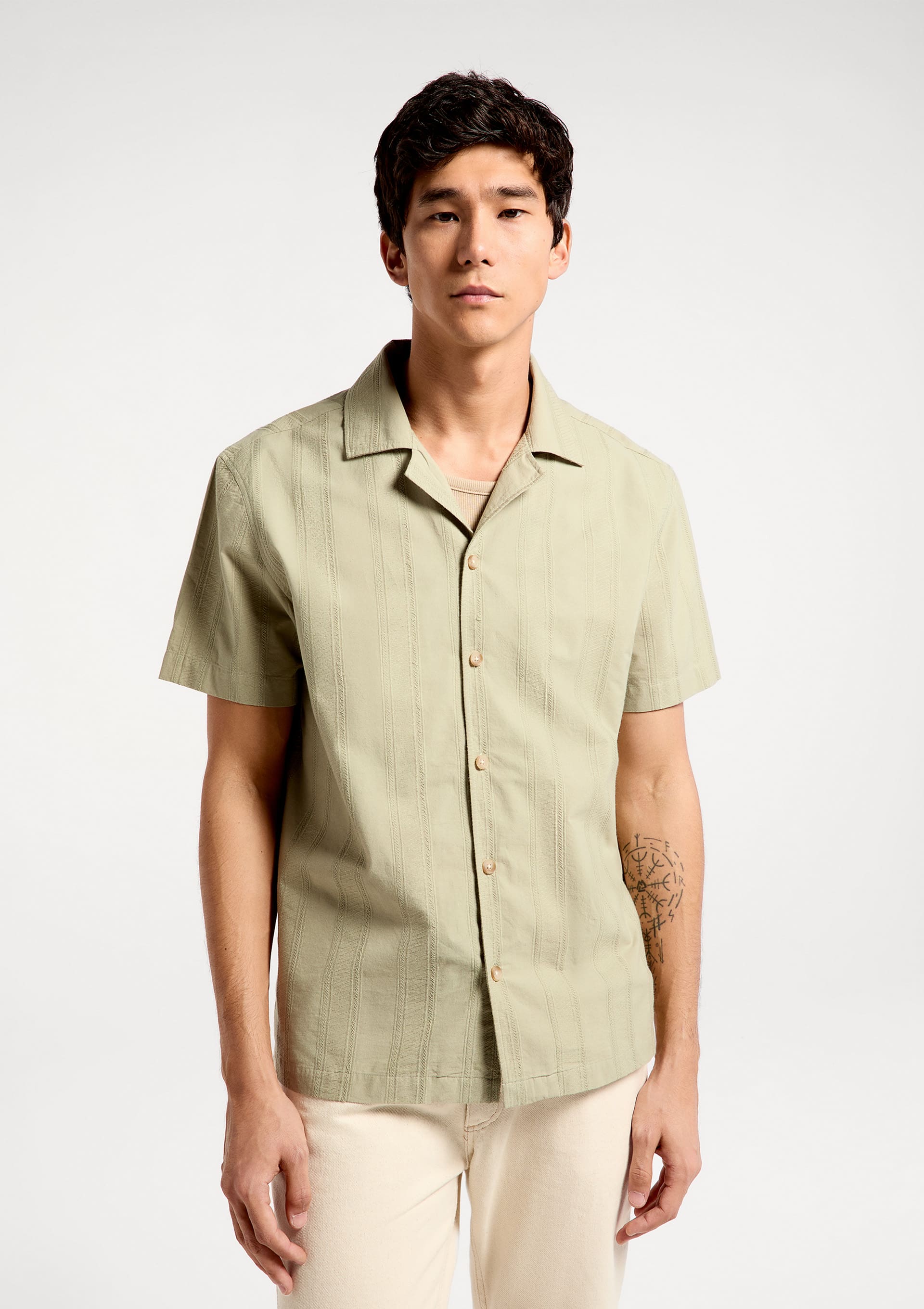 Camisa Masculina Listrada Em Algodão - Cinza