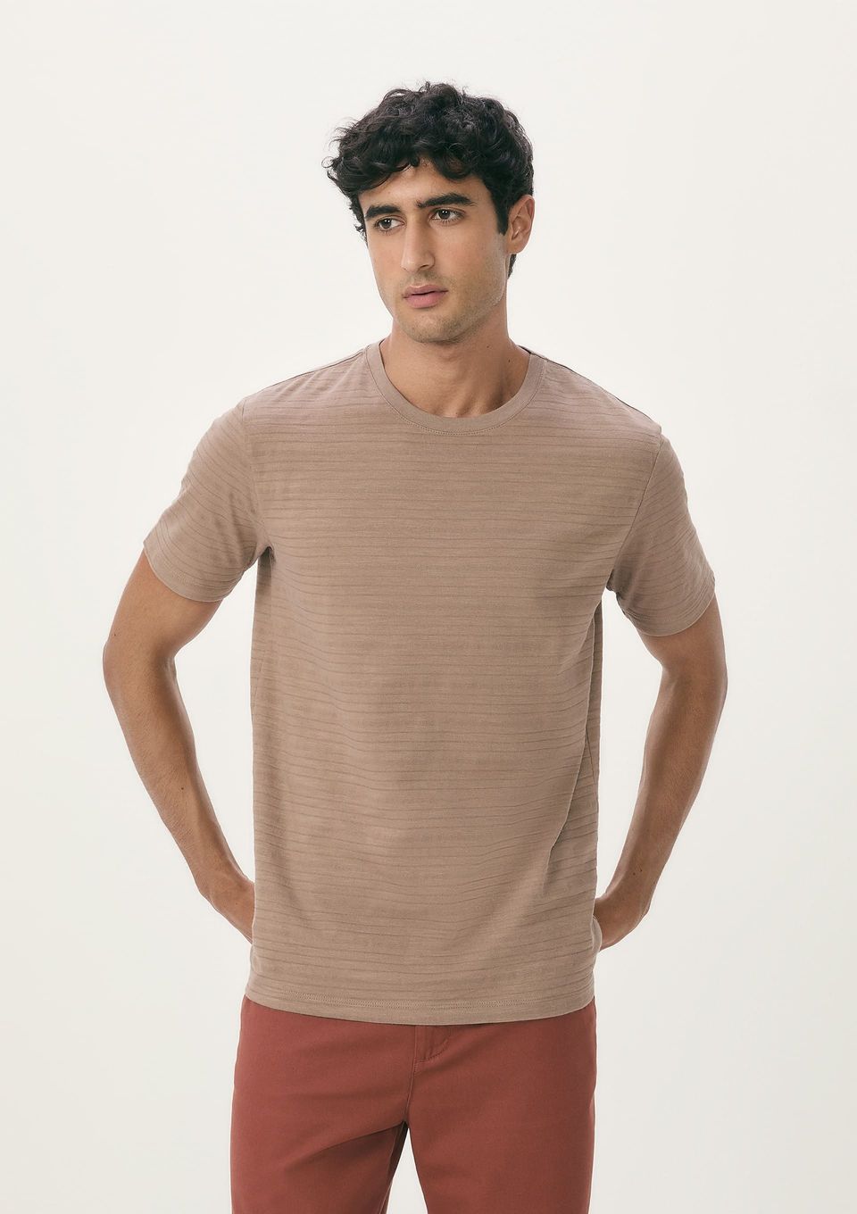 Camiseta Masculina Manga Curta em Malha Texturizada - Marrom