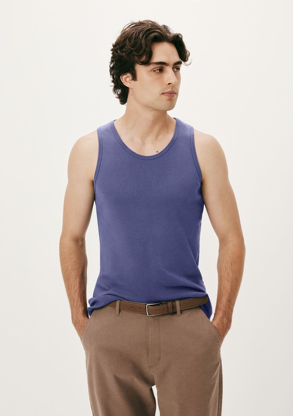 Regata Básica Masculina Slim em Ribana Canelada - Azul