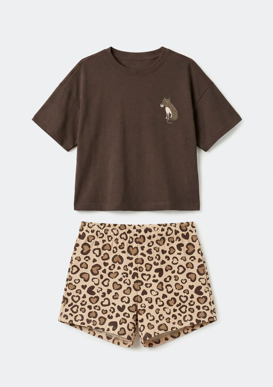 Conjunto Infantil Menina Curto Estampado - Marrom
