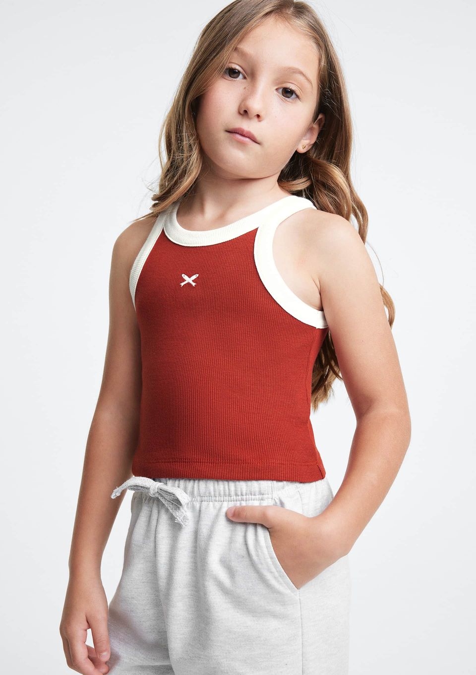 Regata Cropped Infantil Menina em Ribana - Vermelho