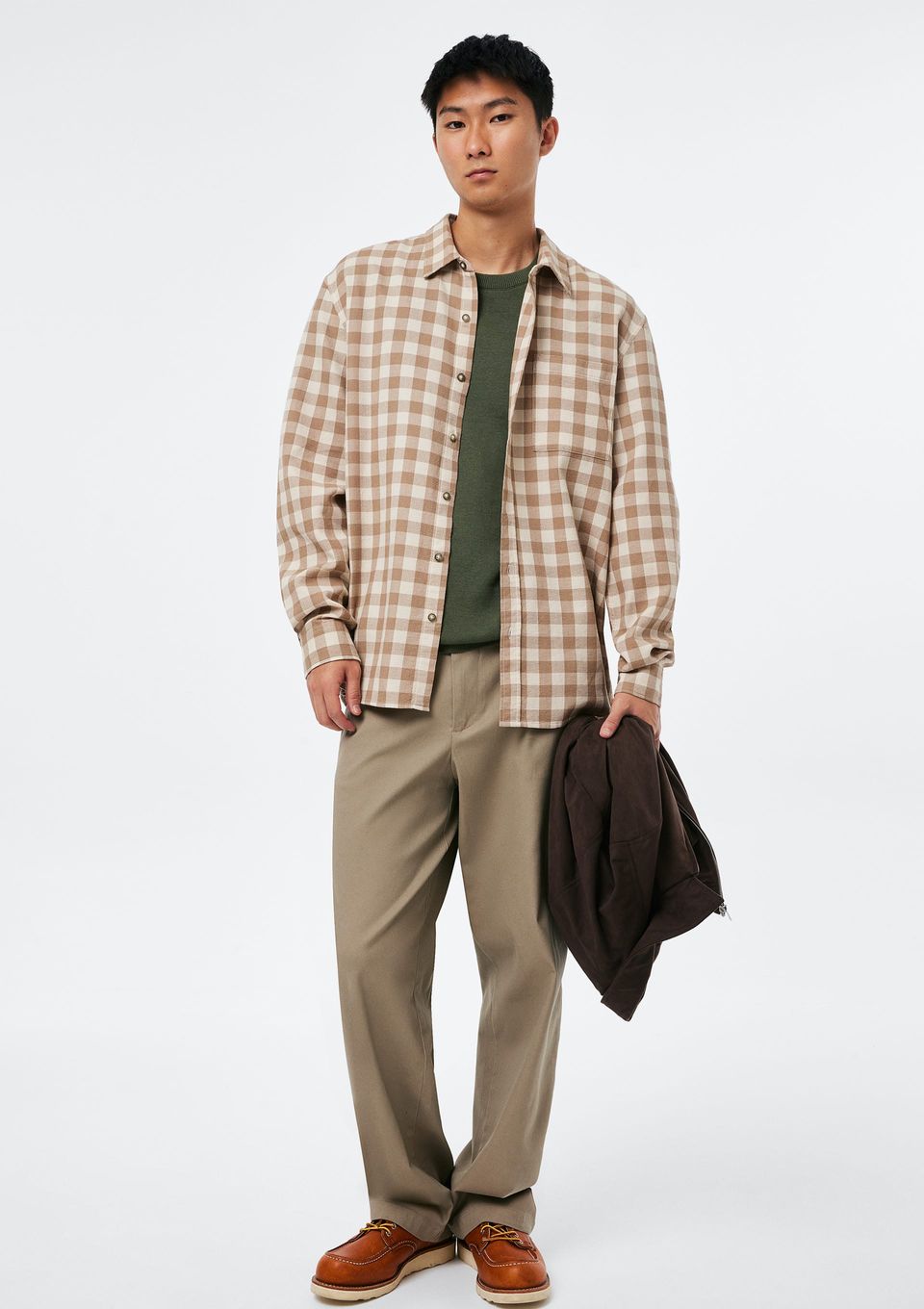 Camisa Masculina Regular em Fio Tinto Quadriculado - Bege