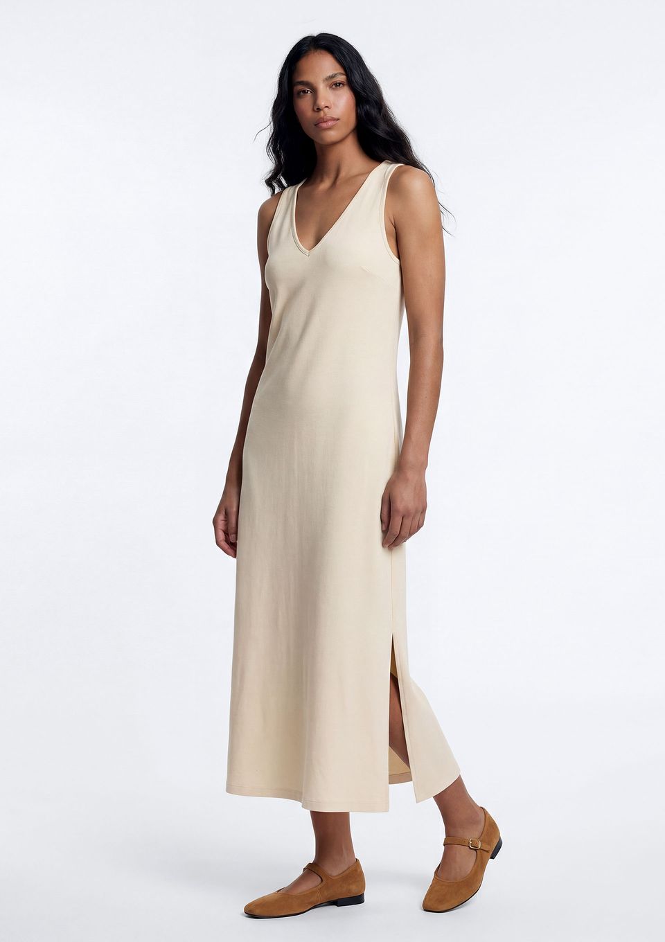Vestido Midi Evasê com Elastano - Creme