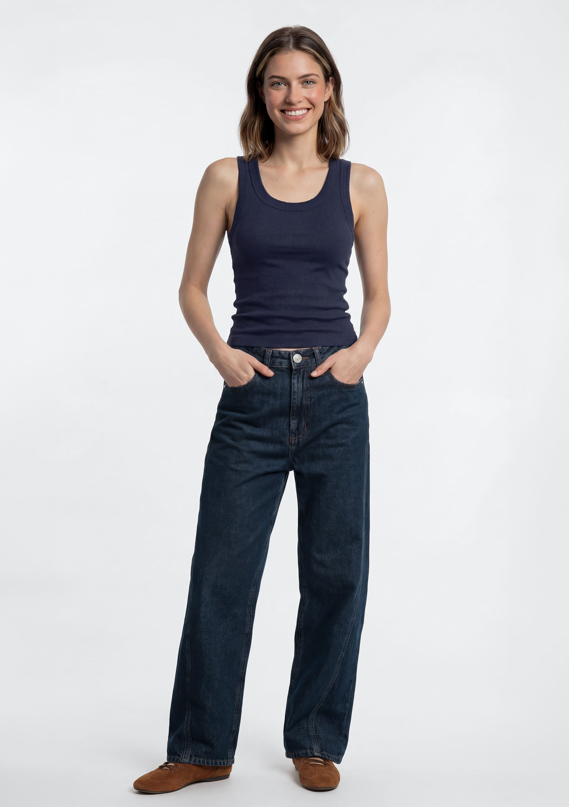 Calça Jeans Feminina Wide Leg Cintura Média - Azul