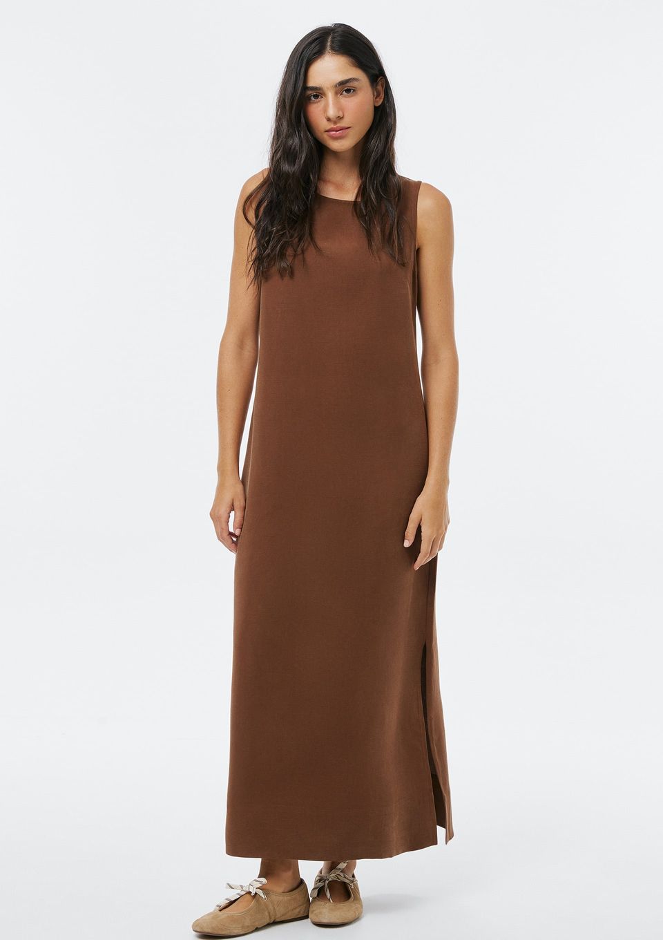 Vestido Midi Peach Touch Evasê - Marrom