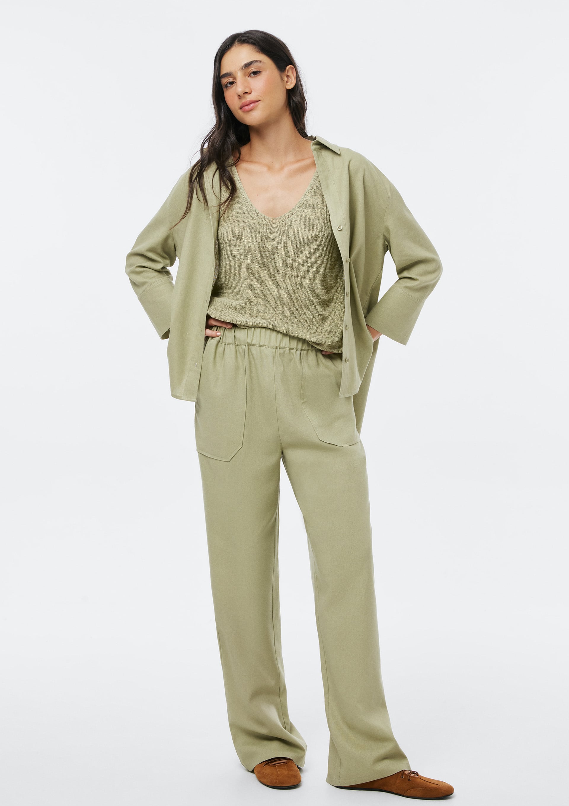 Calça Feminina Reta Em Viscolinho - Verde