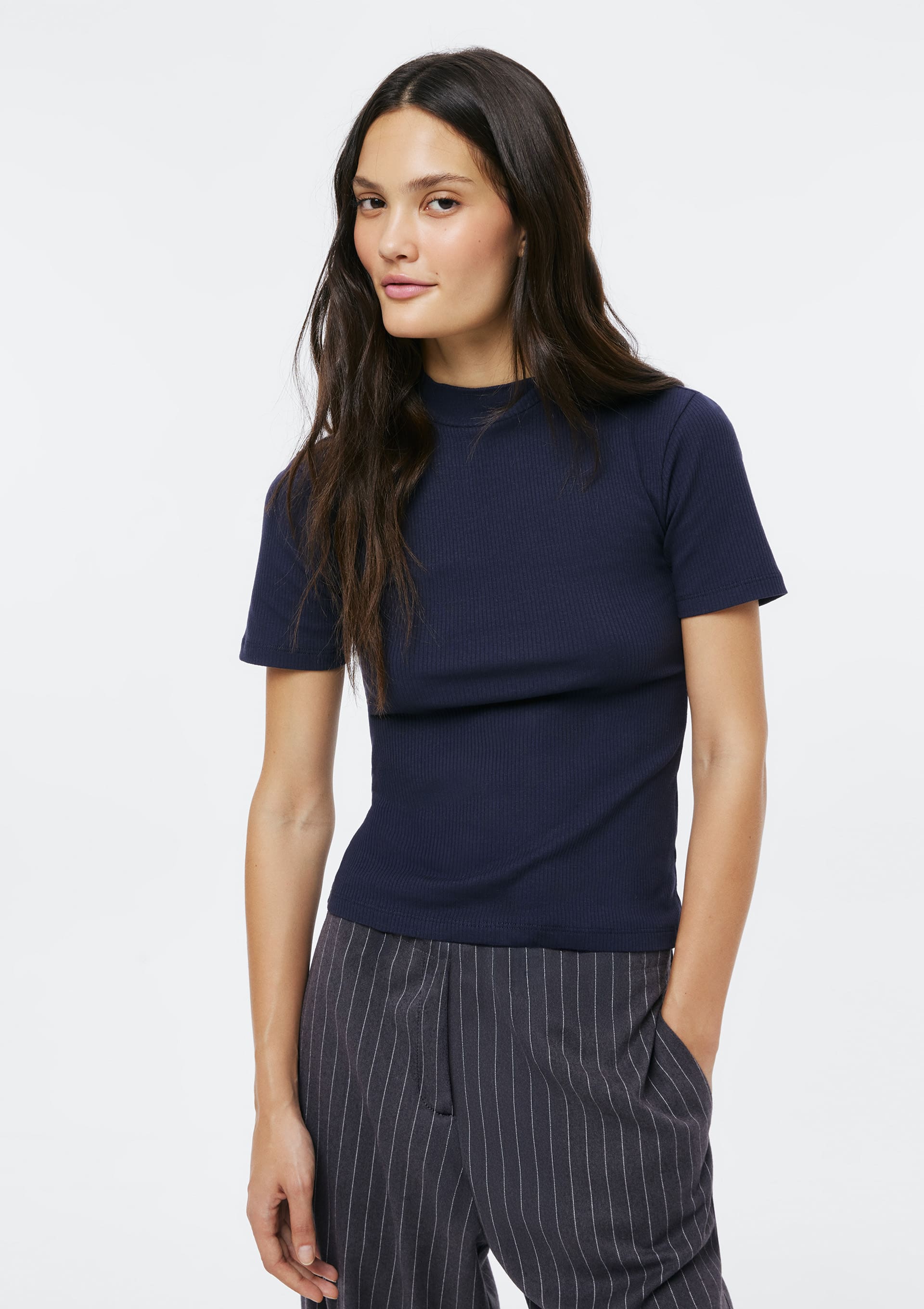 Blusa Feminina Gola Alta Em Ribana Canelada - Azul