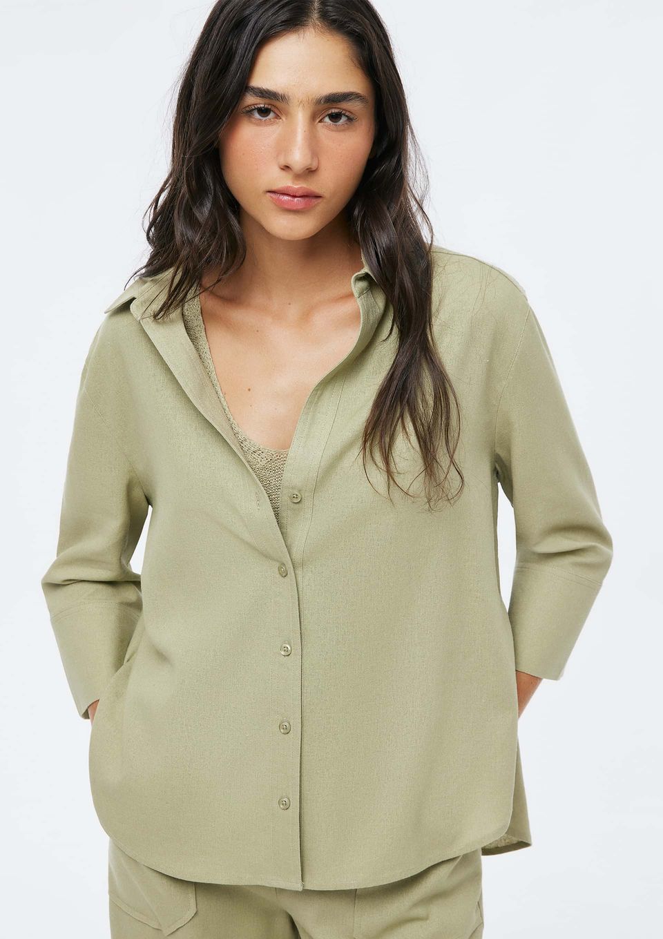 Camisa Feminina Manga 7/8 com Linho - Verde