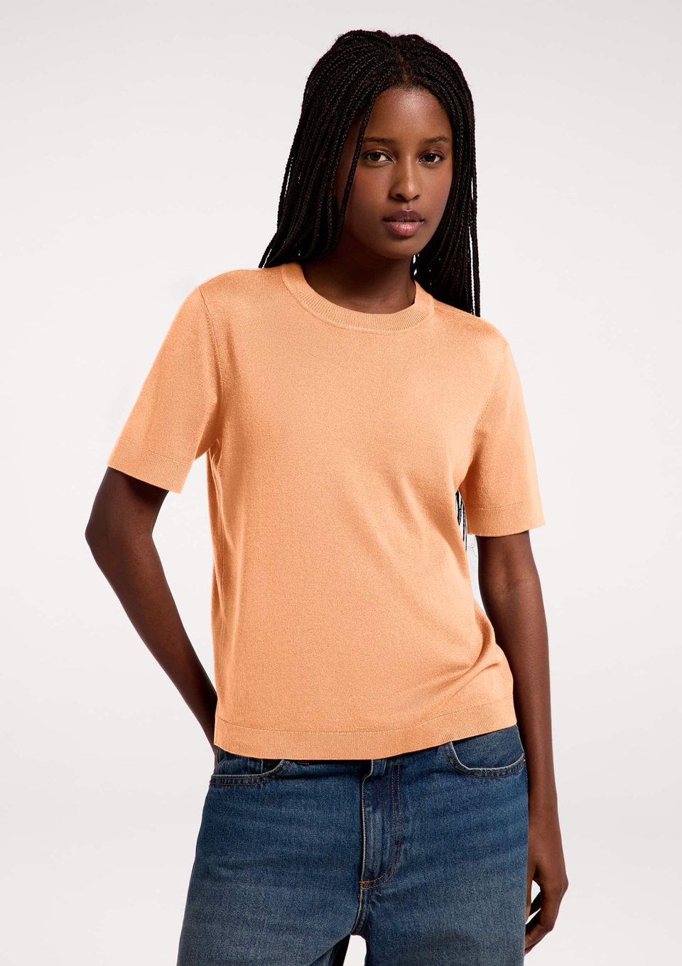 Blusa Feminina Manga Curta em Tricô Leve - Laranja