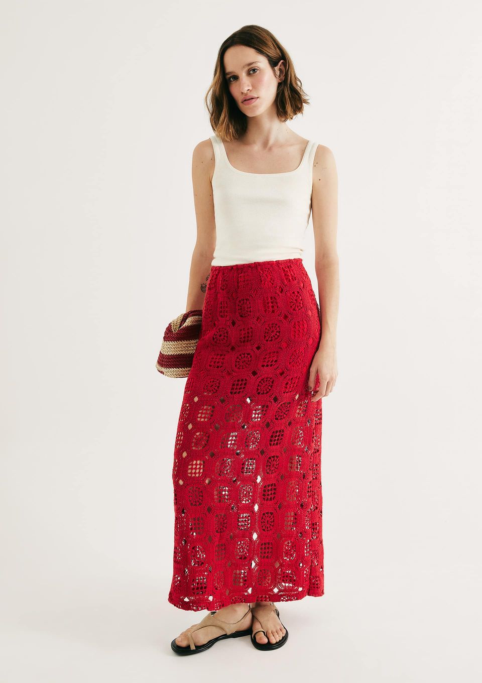 Saia Midi Cintura Média em Crochê - Vermelho