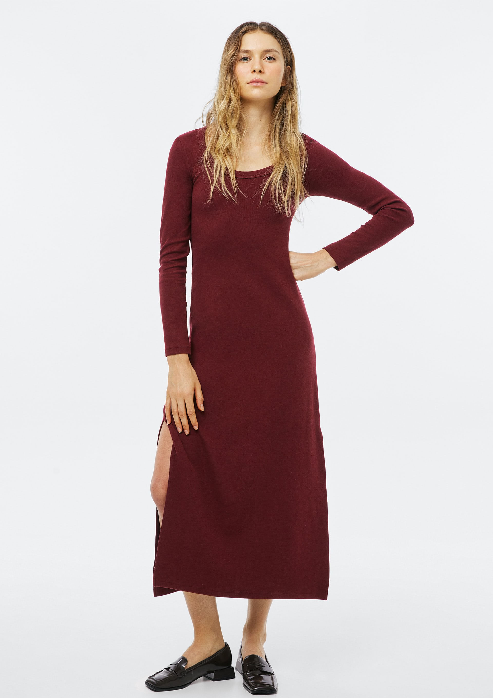 Vestido Longo Em Ribana Canelada - Vinho