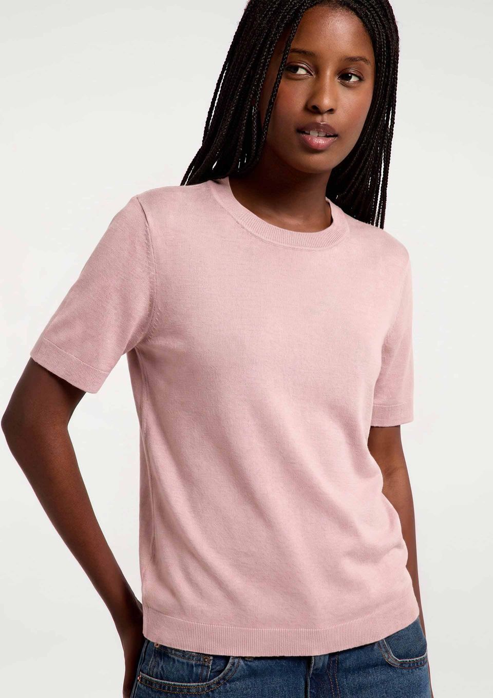 Blusa Feminina Manga Curta em Tricô Leve - Rosa