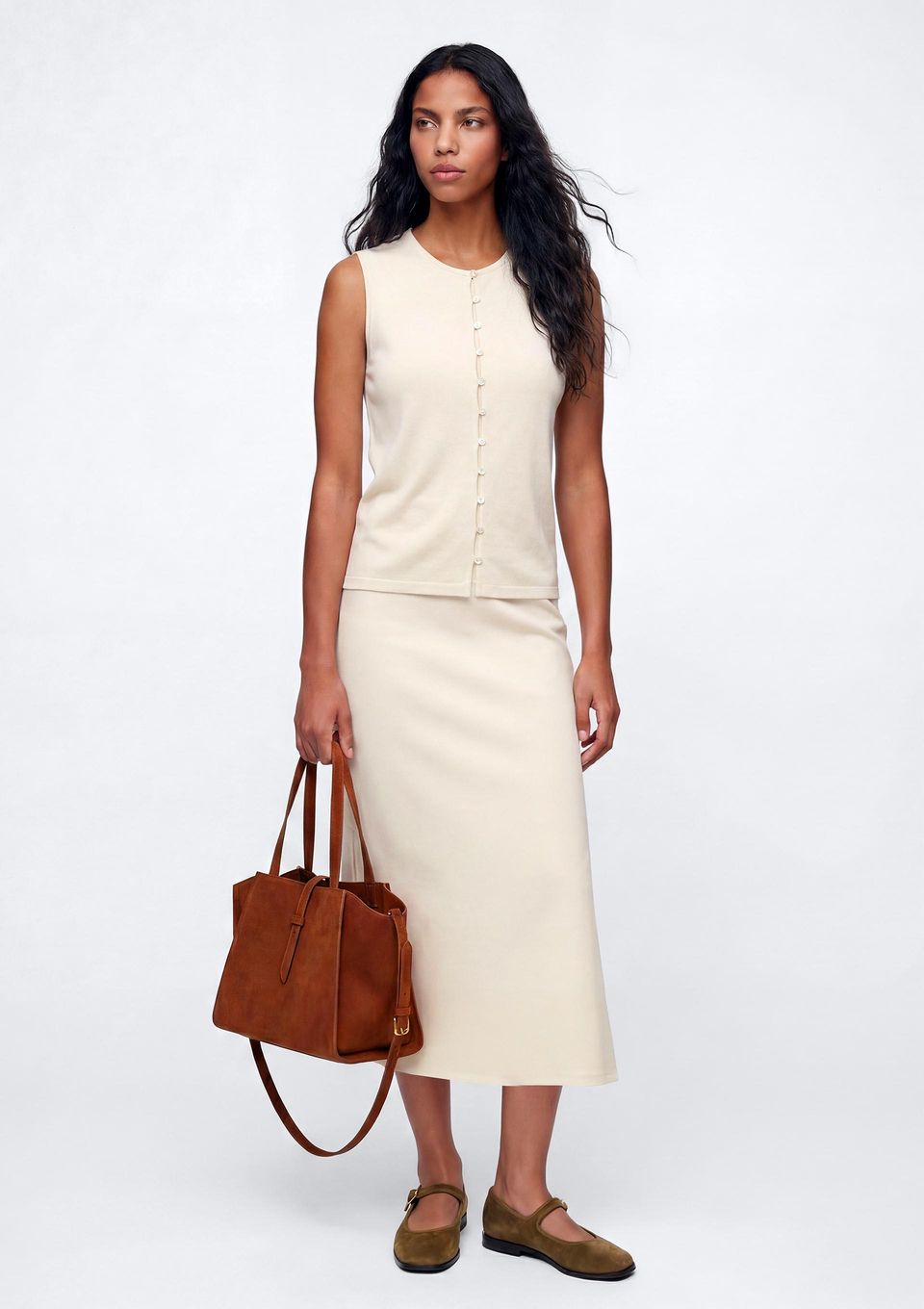 Saia Midi em Malha Rústica Premium - Creme