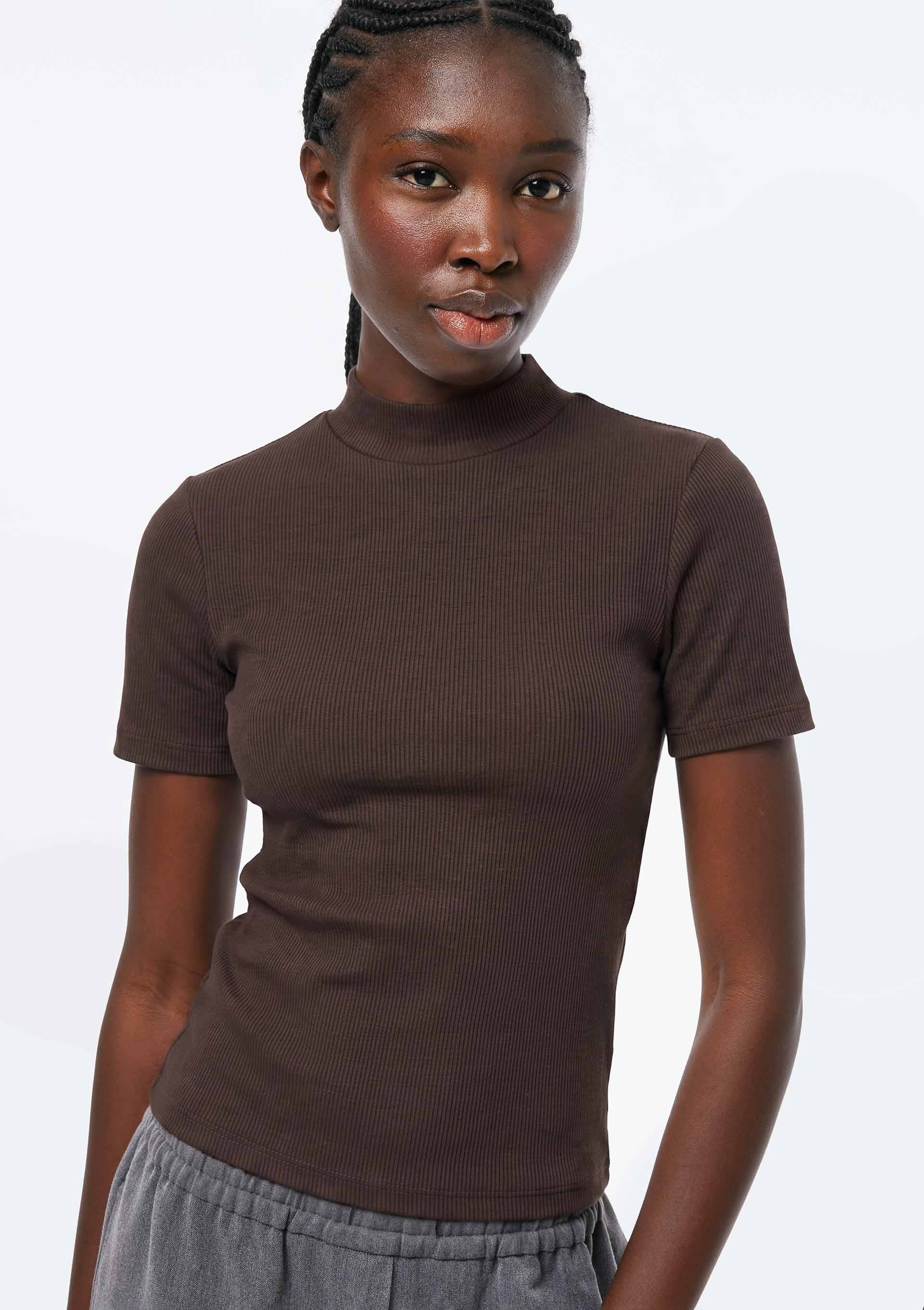 Blusa Feminina Gola Alta Em Ribana Canelada - Marrom