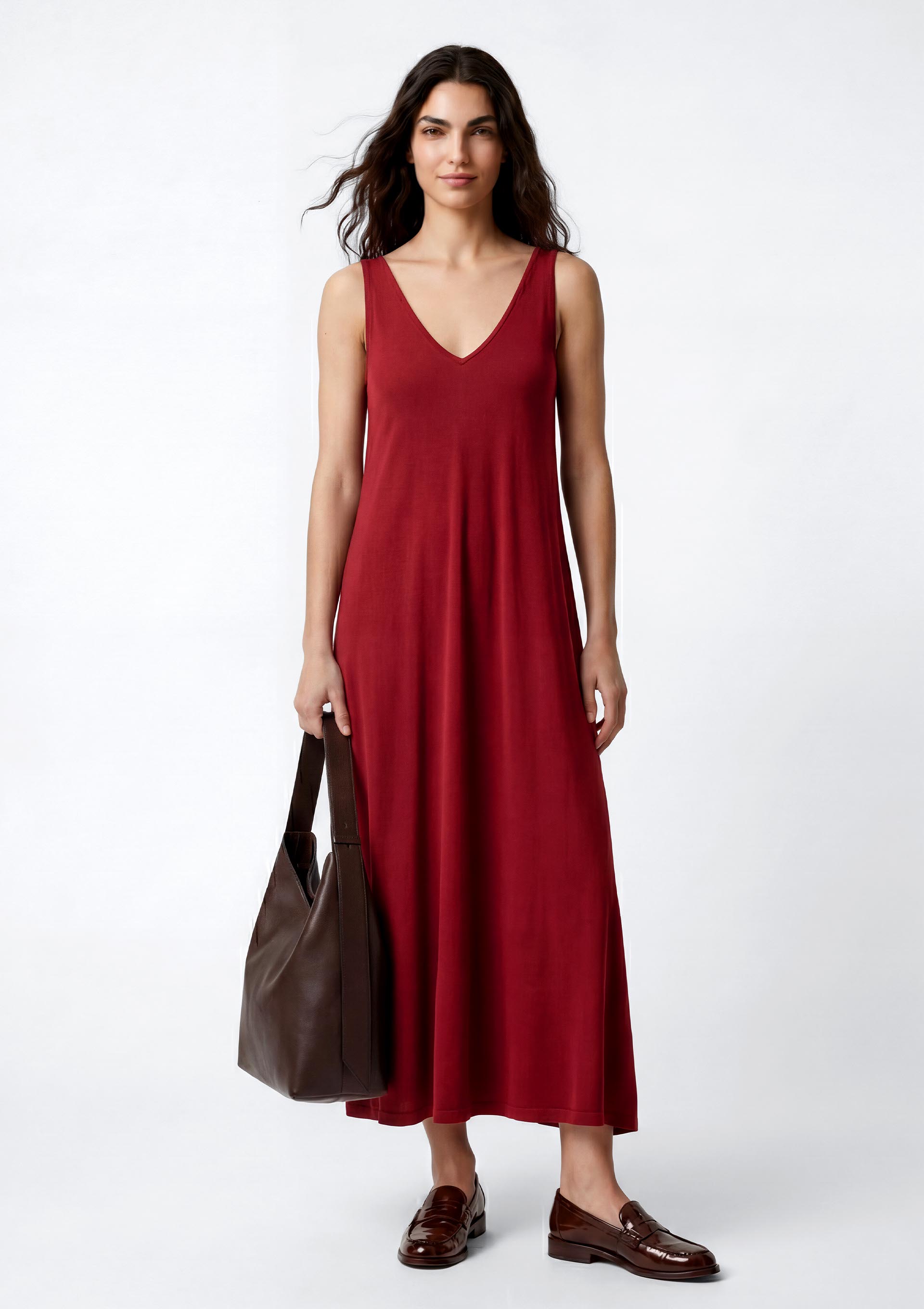 Vestido Midi Evasê Com Elastano - Vermelho