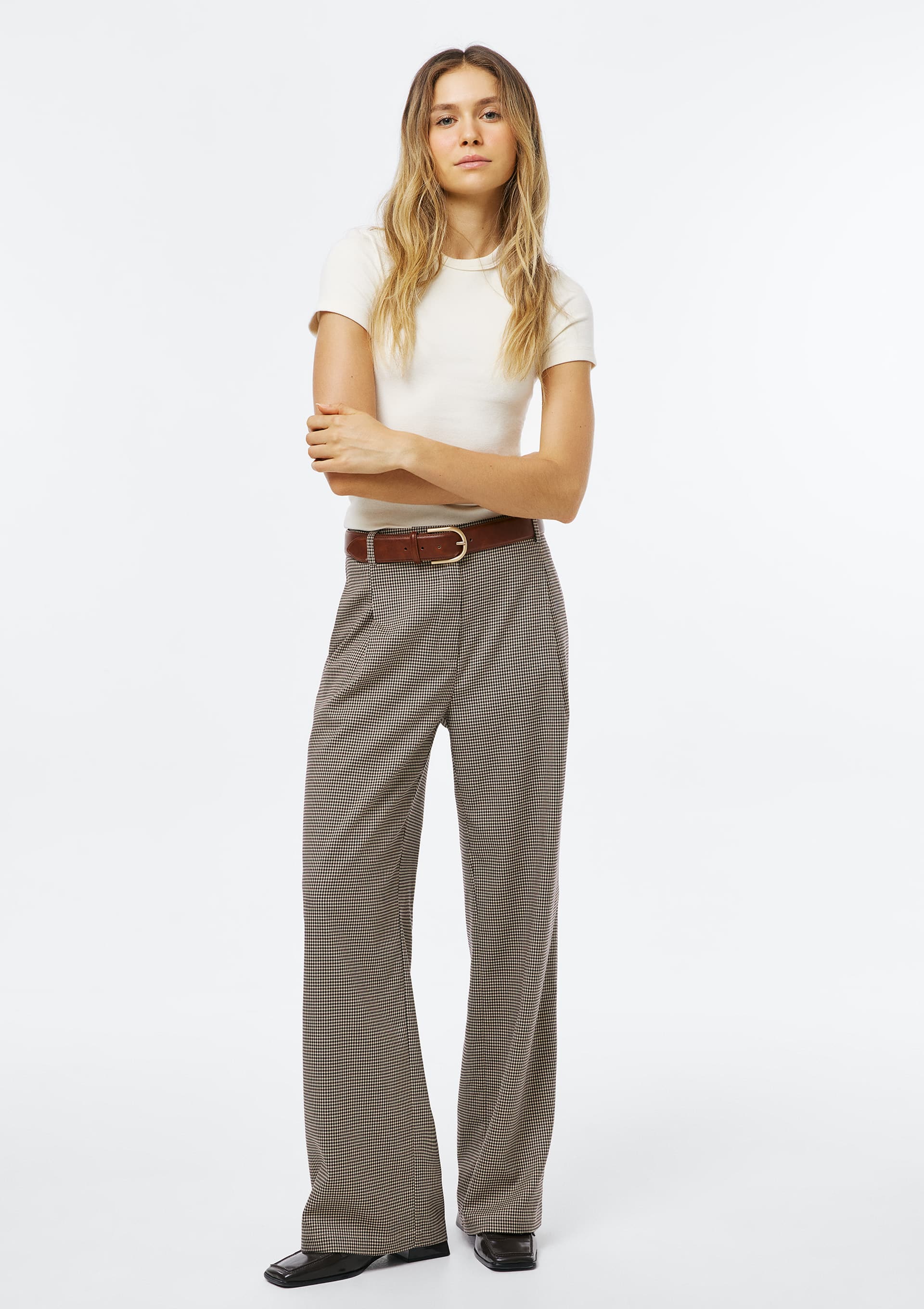 Calça Feminina Reta Pied De Poule - Marrom