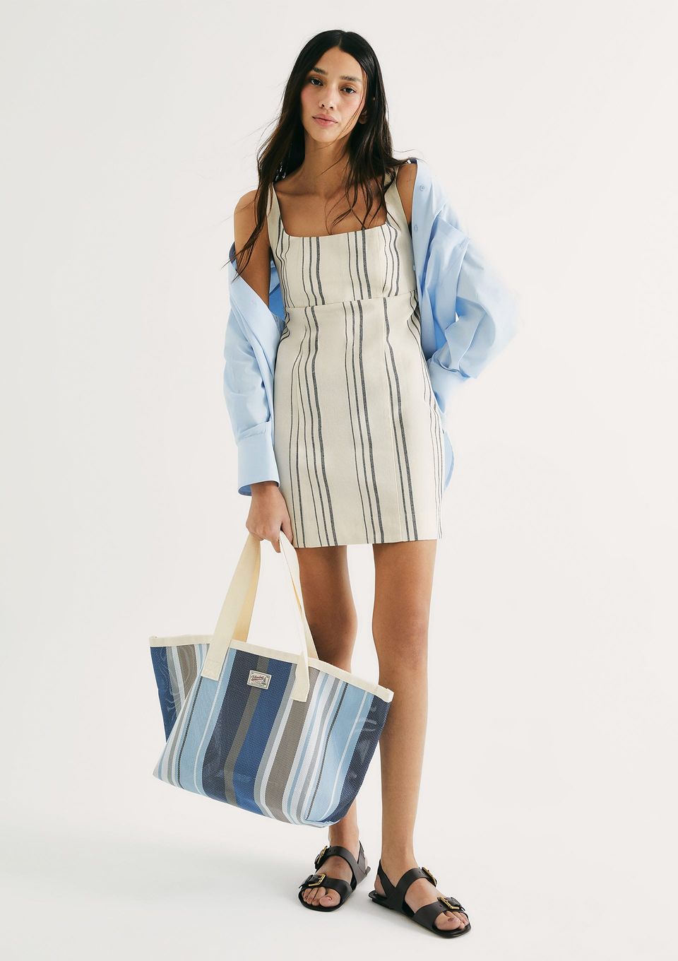 Vestido Listrado de Linho - Azul