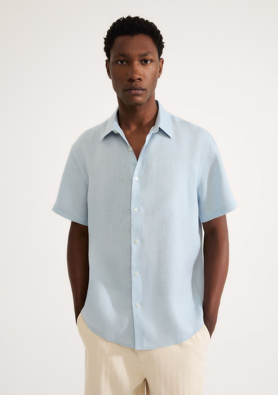 Camisa Masculina Manga Curta em Linho - Azul