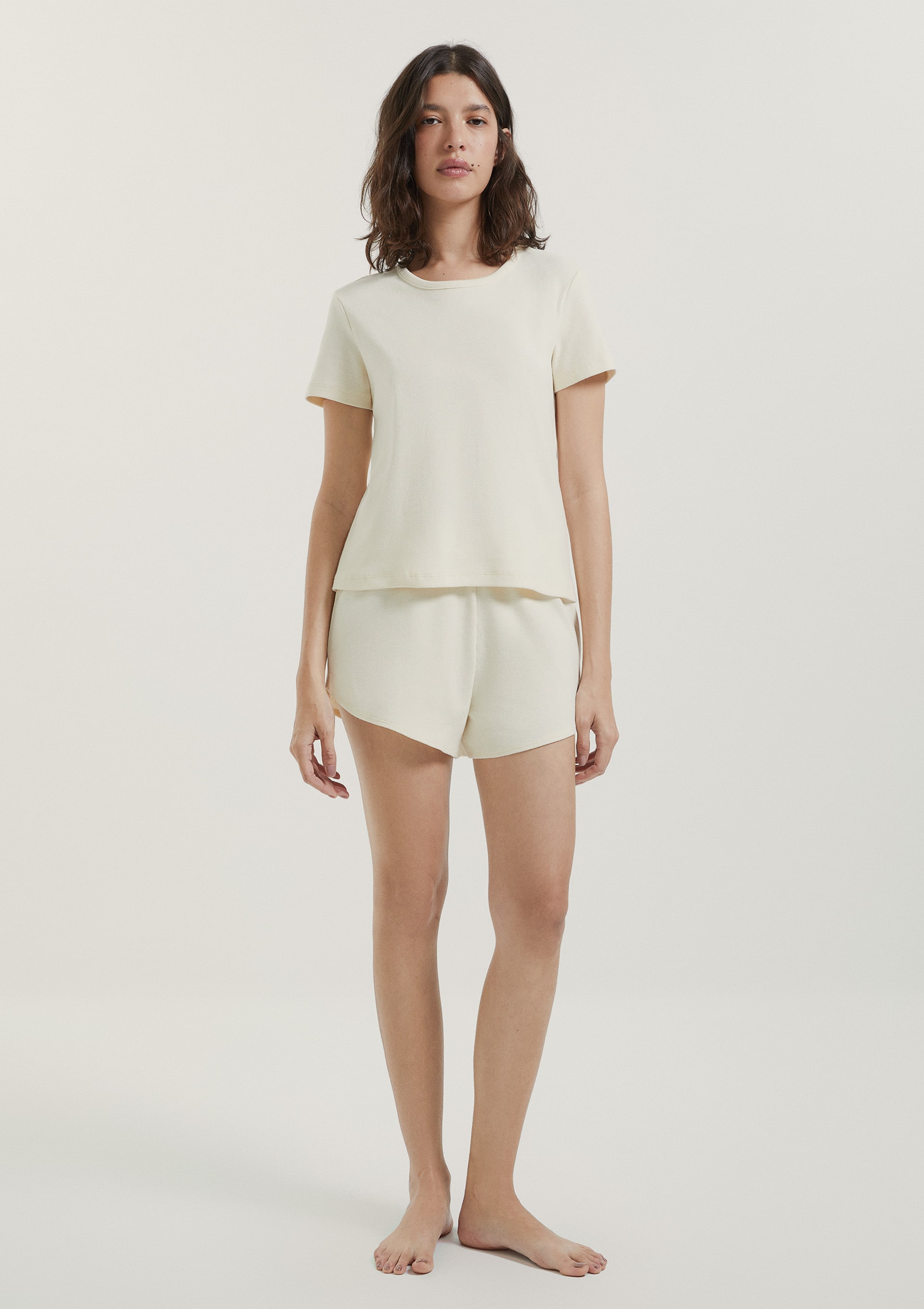 Pijama Curto Feminino Texturizado - Creme