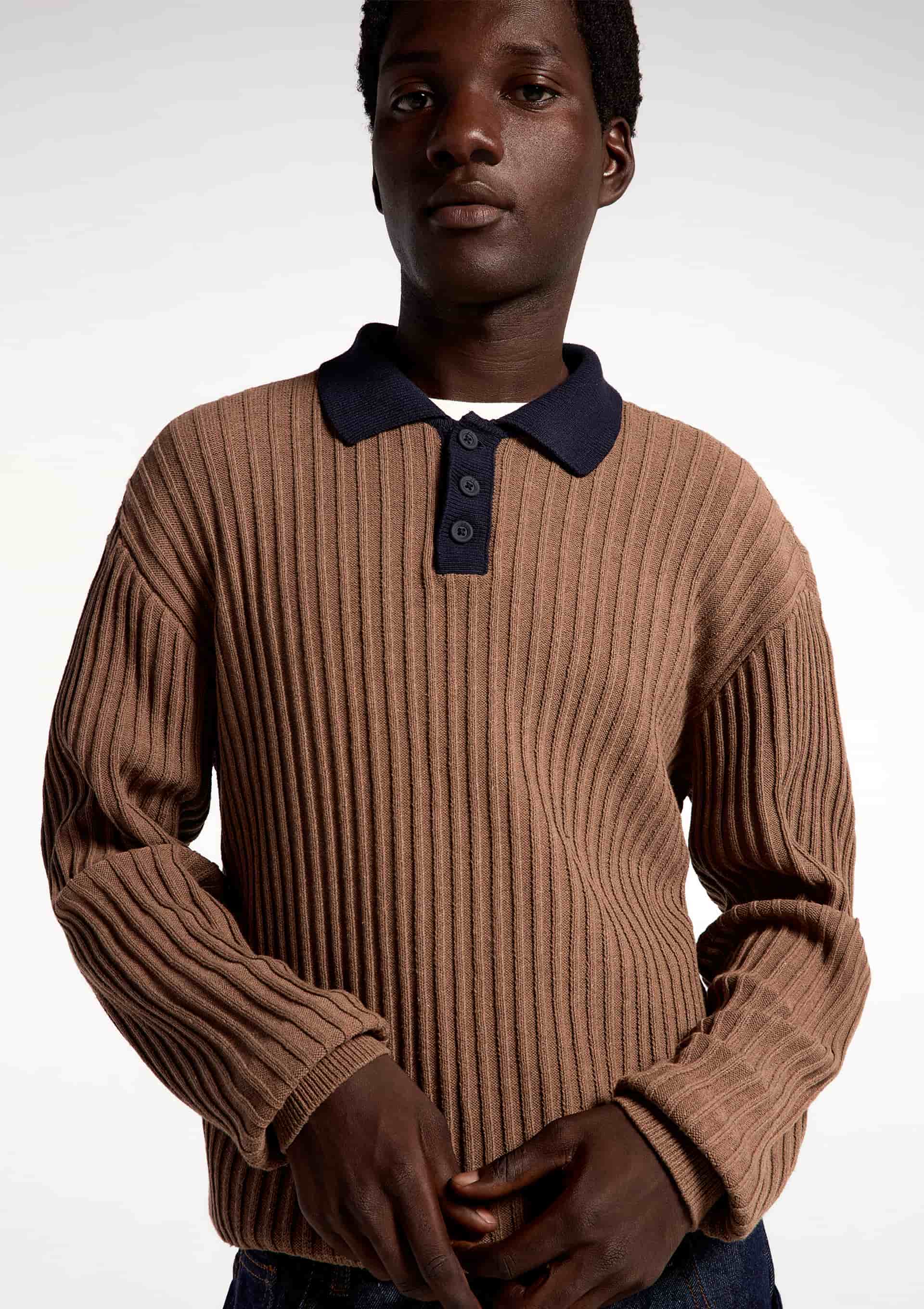 Blusão Polo Masculina Tricô Texturizado - Marrom