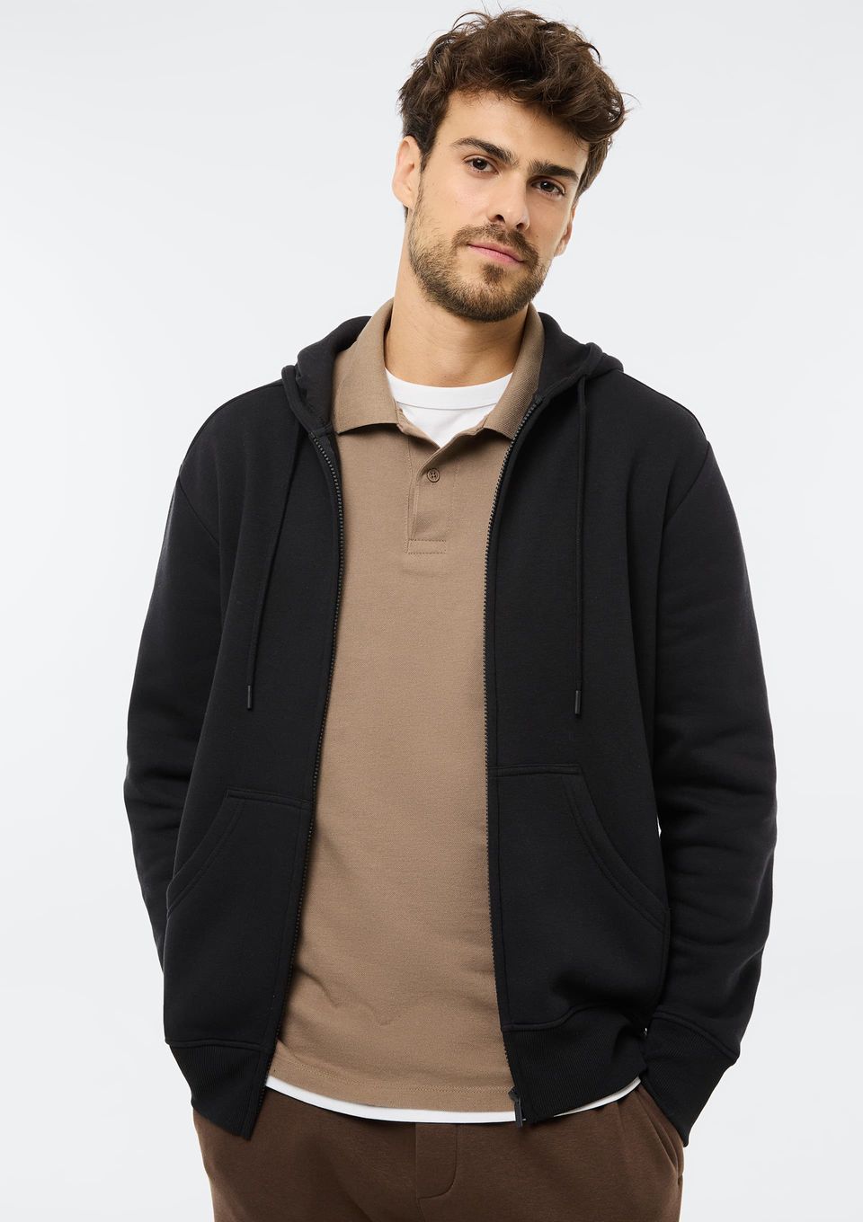 Jaqueta Básica Masculina Regular em Moletom Peluciado - Preto