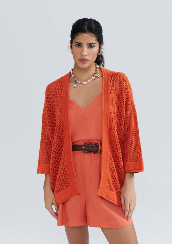 Kimono Feminino Manga 7/8 Em Tricô Texturizado - Laranja M