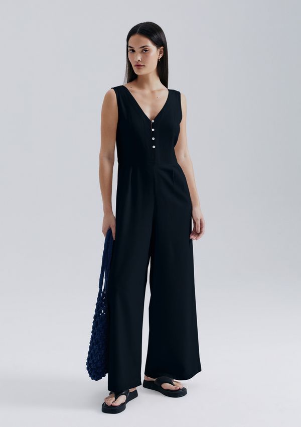 Macacão Longo Wide Leg Com Linho - Preto M