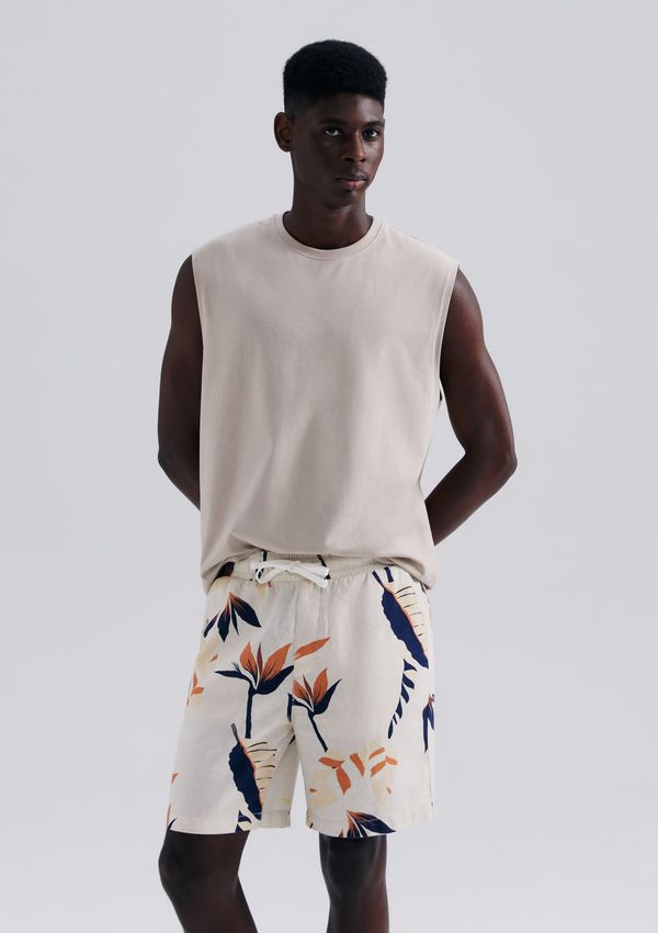 Bermuda Masculina Floral Em Linho - Bege P