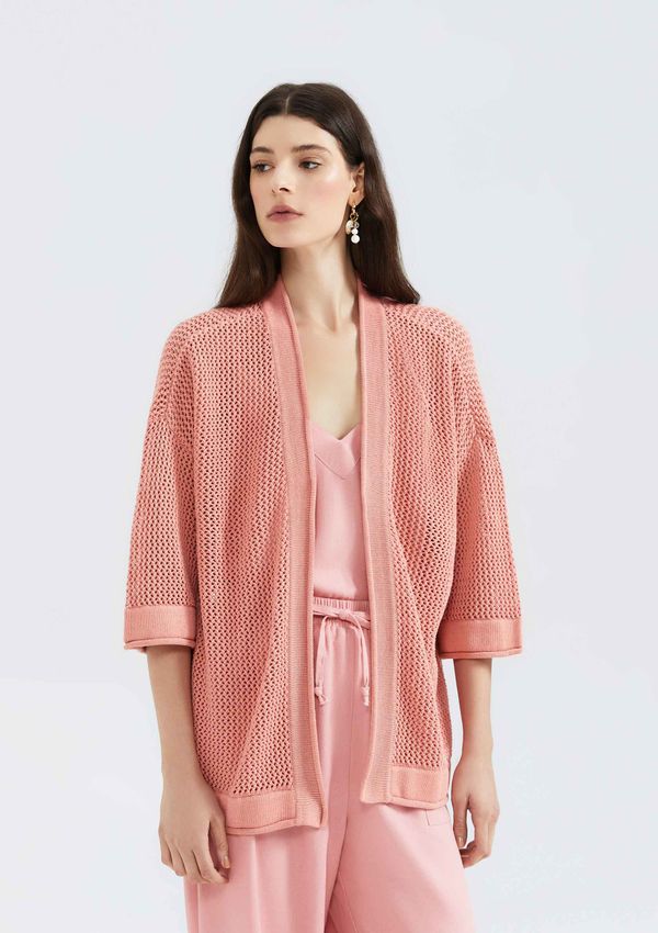 Kimono Feminino Manga 7/8 Em Tricô Texturizado - Rosa P