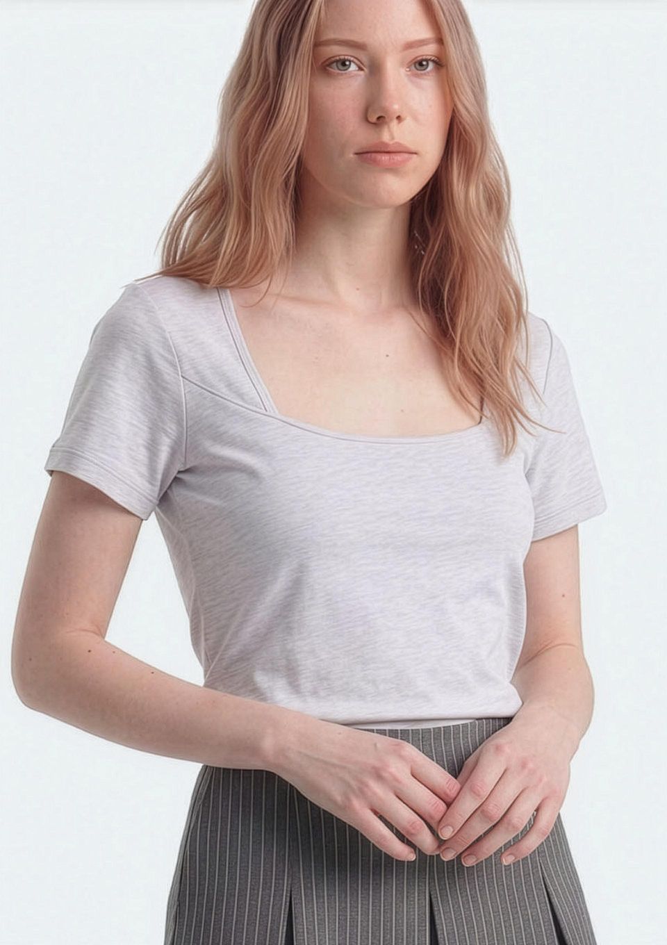 Blusa Teen Manga Curta Decote Quadrado - Cinza