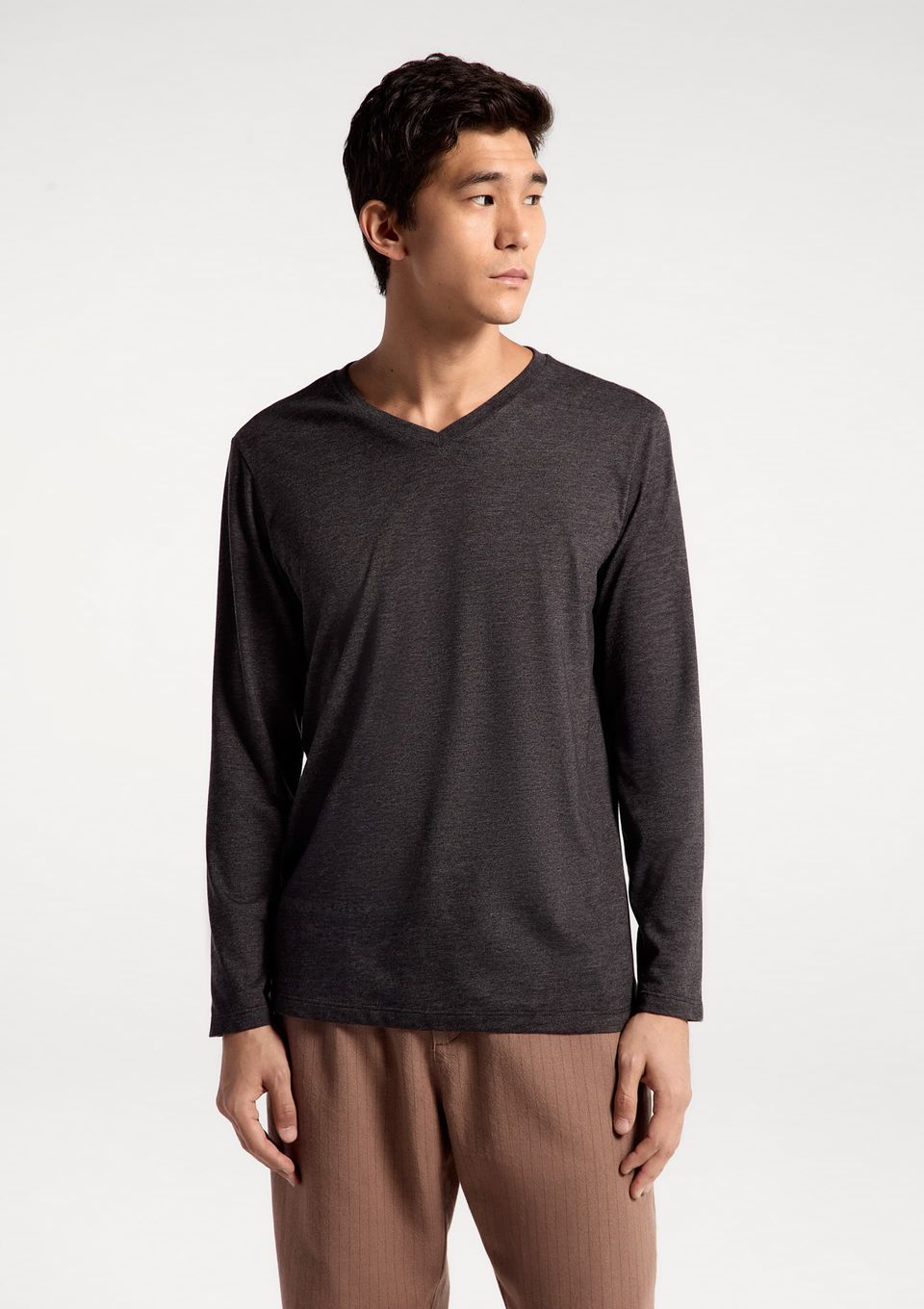 Camiseta Básica Masculina Manga Longa Gola V World - Cinza