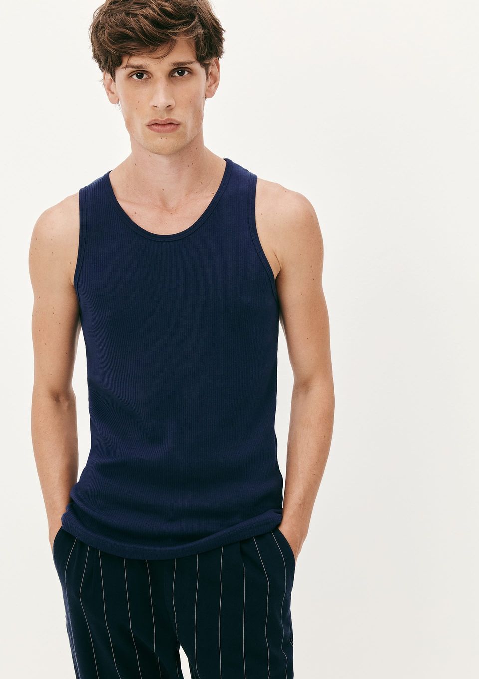 Regata Básica Masculina Slim em Ribana Canelada - Azul