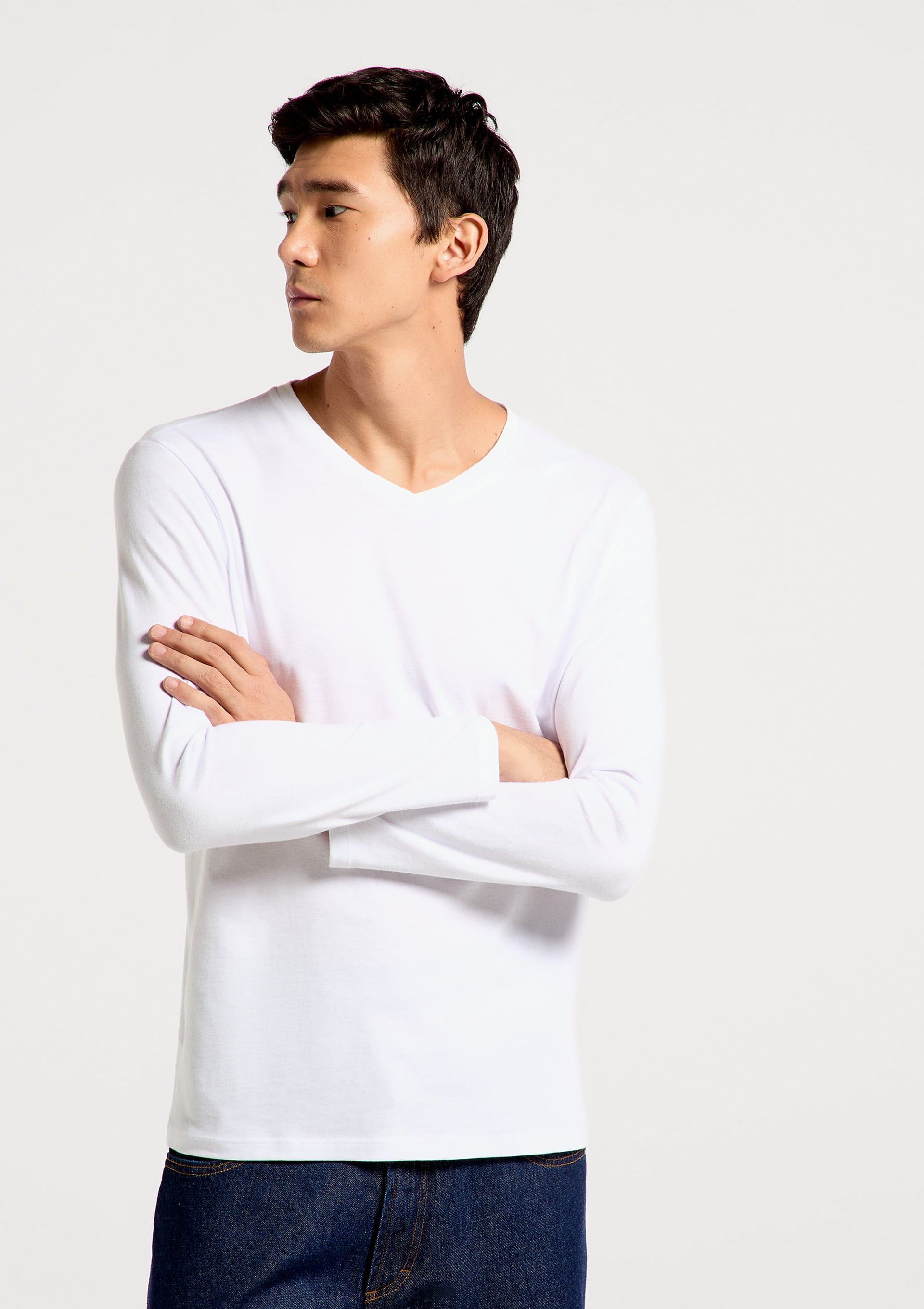 Camiseta Básica Masculina Manga Longa Gola V World - Branco