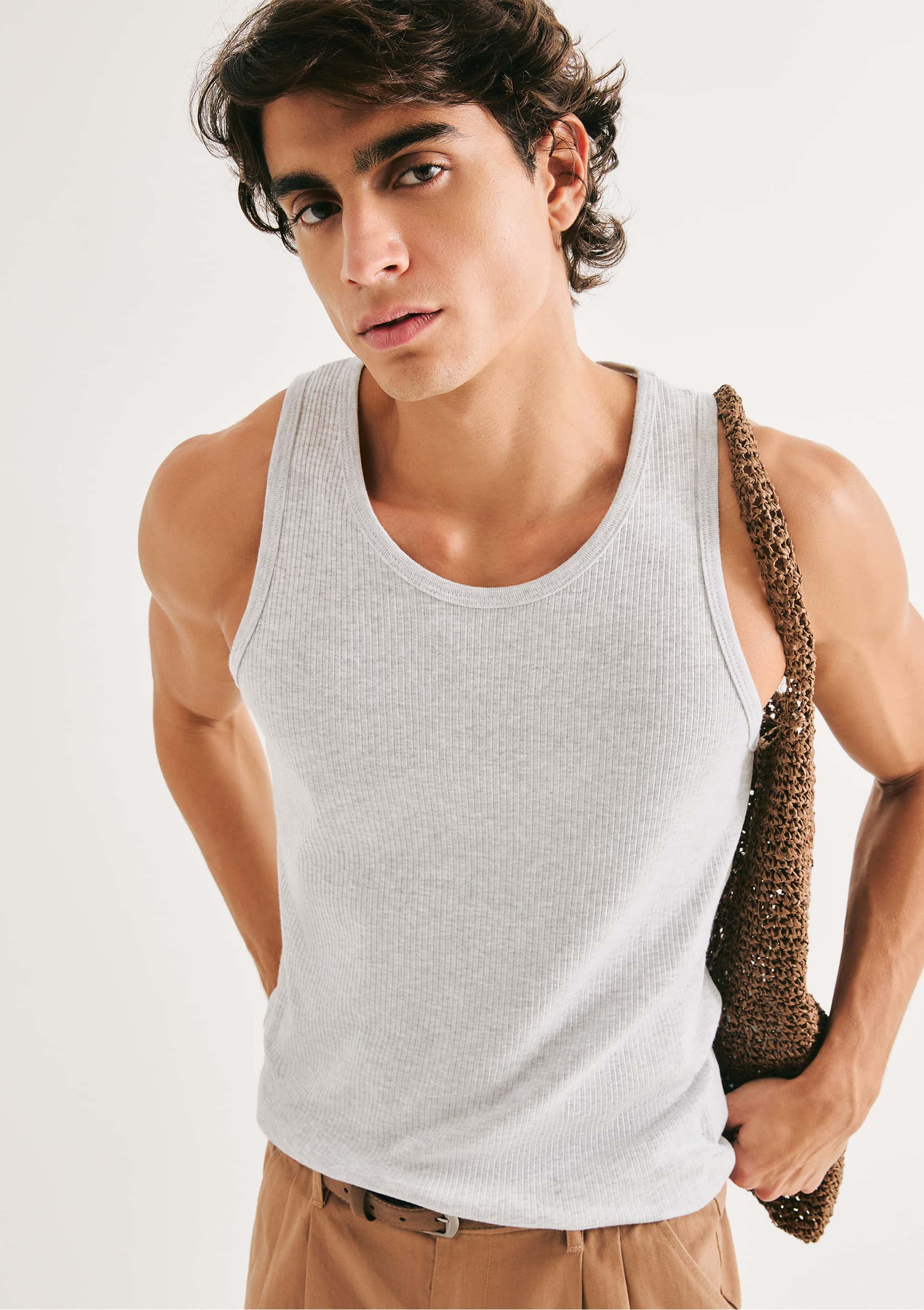 Regata Básica Masculina Slim Em Ribana Canelada - Cinza
