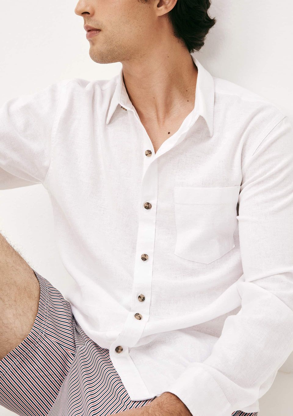 Camisa Básica Masculina Manga Longa Slim em Linho - Branco