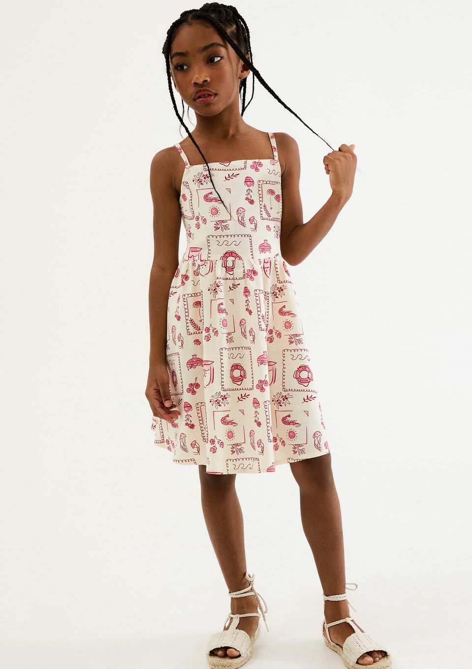 Vestido Infantil Godê Estampado com Linho - Creme