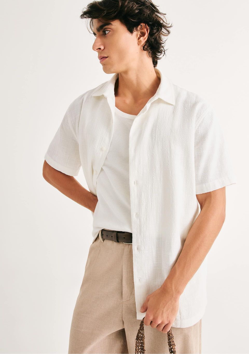 Camisa Masculina Manga Curta em Algodão - Off White