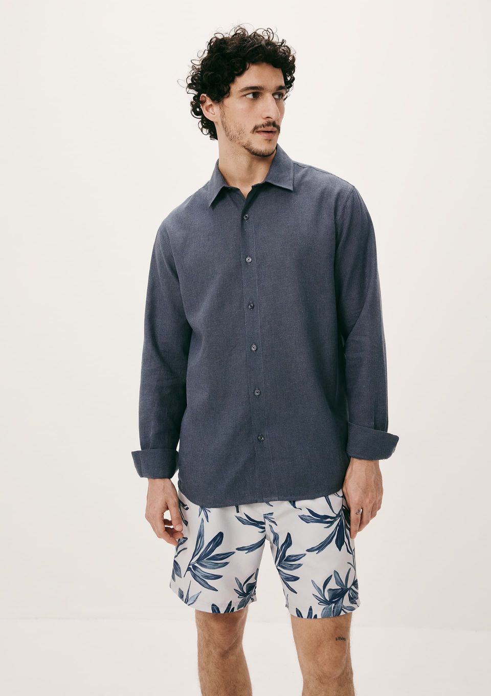 Camisa Masculina Manga Longa Listrada em Linho - Azul
