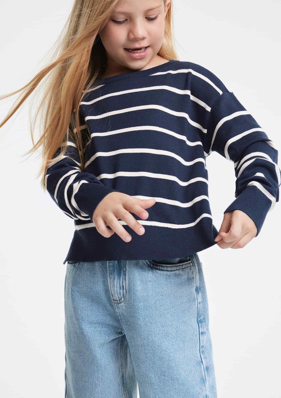 Blusão em Tricô Infantil Menina Listrado - Azul