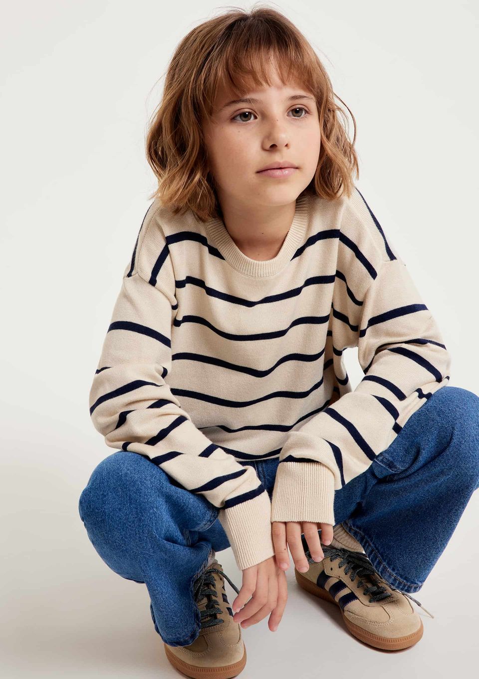 Blusão em Tricô Infantil Menina Listrado - Off White
