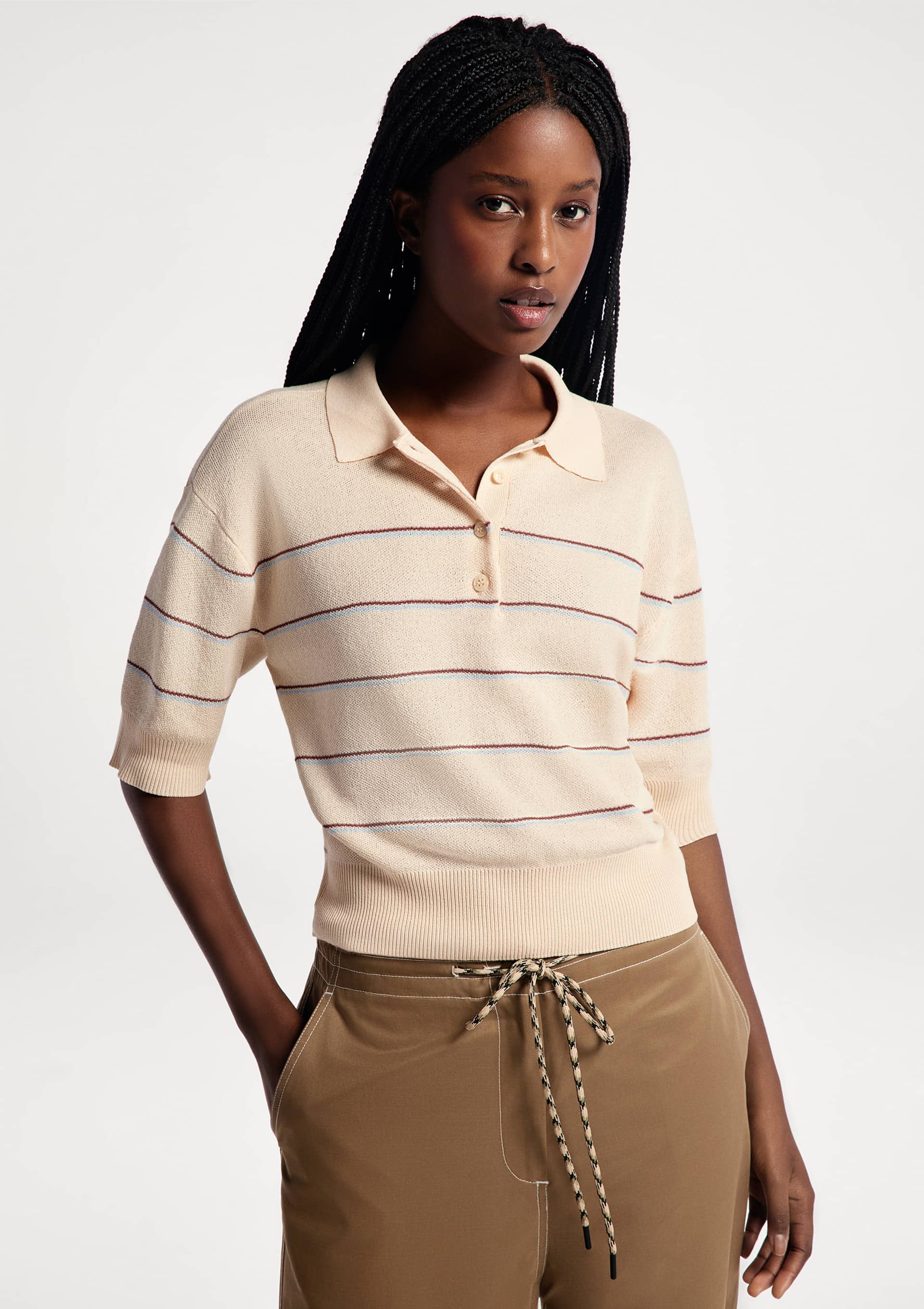 Blusa Polo Feminina Em Tricô Leve - Off white