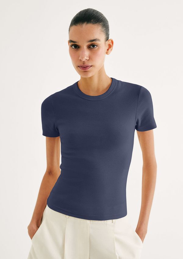 Blusa Feminina Manga Curta Slim Em Ribana - Azul G
