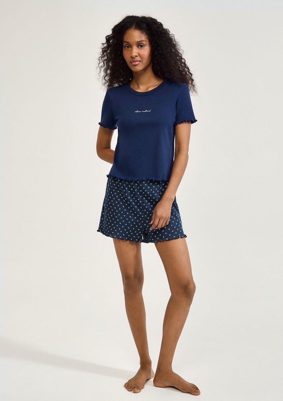 Pijama Curto Feminino Estampado com Frufru - Azul