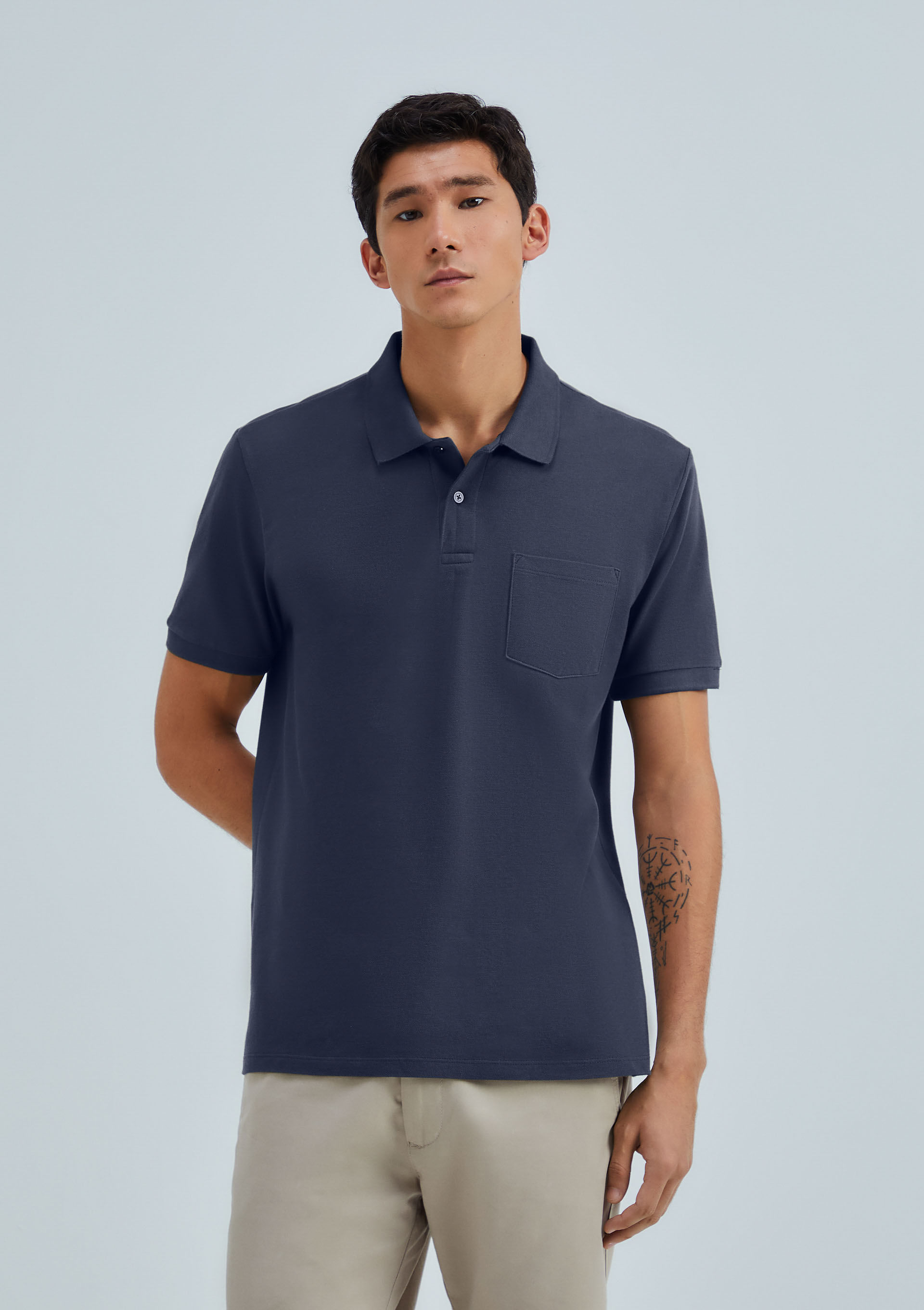 Camisa Polo Básica Masculina Em Piquet Com Bolso - Azul