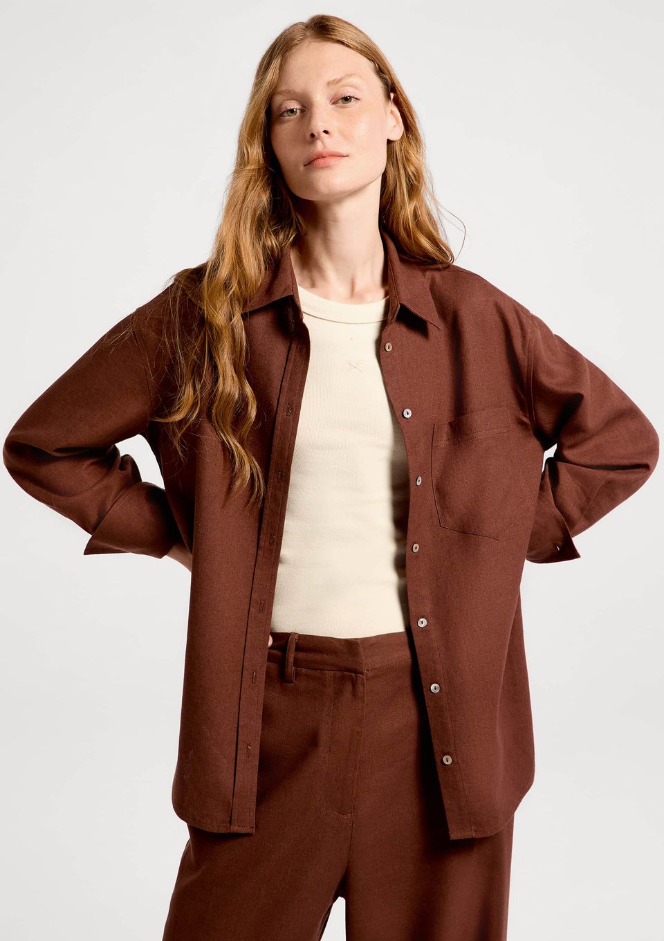 Camisa Feminina Manga Longa Oversized - Marrom